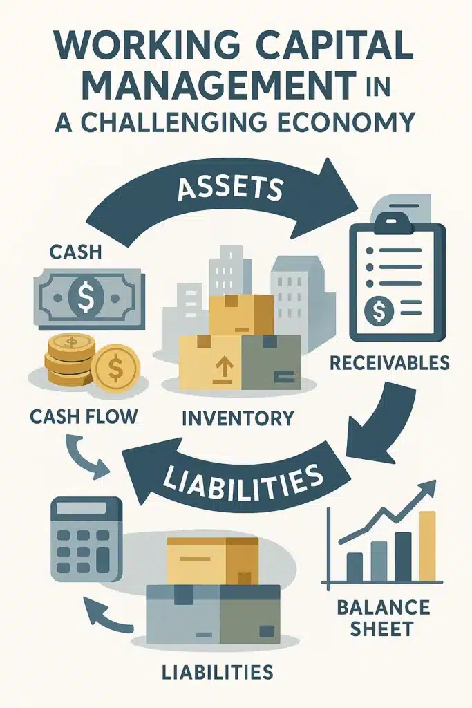 Educational poster explaining Bad Economy Working Capital management in a challenging economy, featuring vector art depicting asset and liability flow, cash streams, inventory symbols, and balance sheet charts in muted blues, grays, and yellows on a white background with key financial terms labeled.