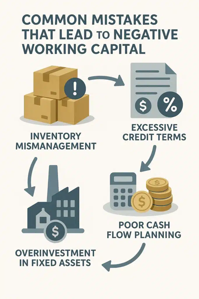 Educational infographic depicting common mistakes leading to negative working capital: inventory mismanagement, excessive credit terms, poor cash flow planning, and overinvestment in fixed assets, using icons and arrows for clarity, in muted colors with modern fonts.