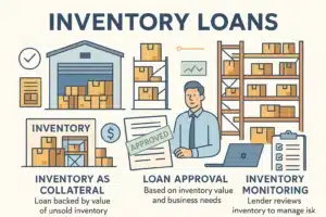 Educational infographic explaining inventory loans with illustrations of warehouses, inventory racks, and icons for key concepts. Features sections on inventory as collateral, loan approvals, and monitoring. Designed in a soft color palette for clarity.