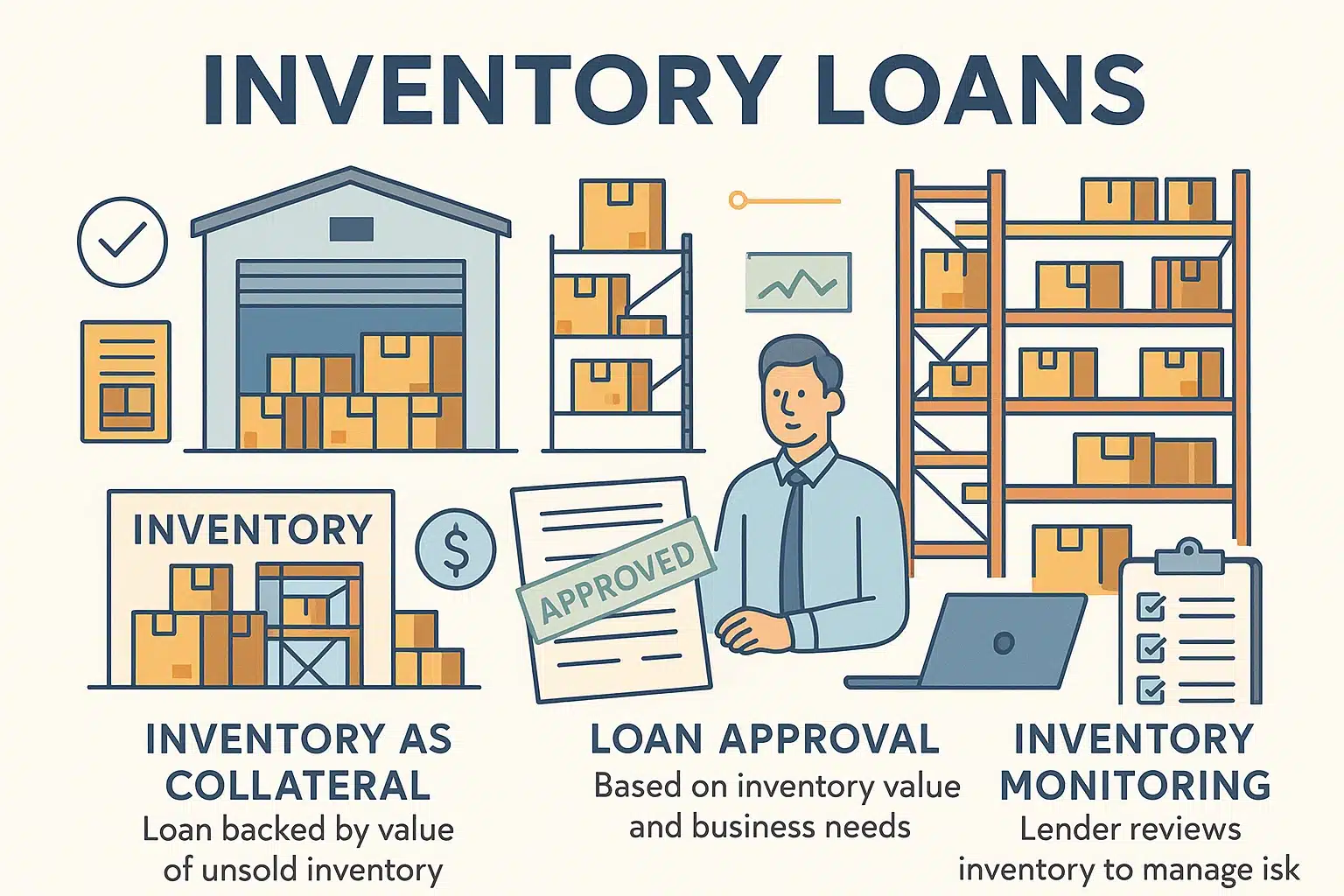 Educational infographic explaining inventory loans with illustrations of warehouses, inventory racks, and icons for key concepts. Features sections on inventory as collateral, loan approvals, and monitoring. Designed in a soft color palette for clarity.