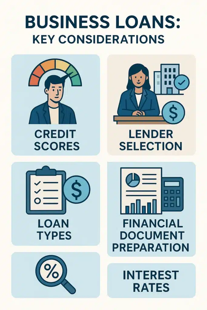 Key considerations for business loans: credit scores, lender selection, loan types, financial document preparation, and understanding interest rates. Features modern design with clear sections and professional color palette, sustaining visual flow and aiding comprehension for business loan applicants.