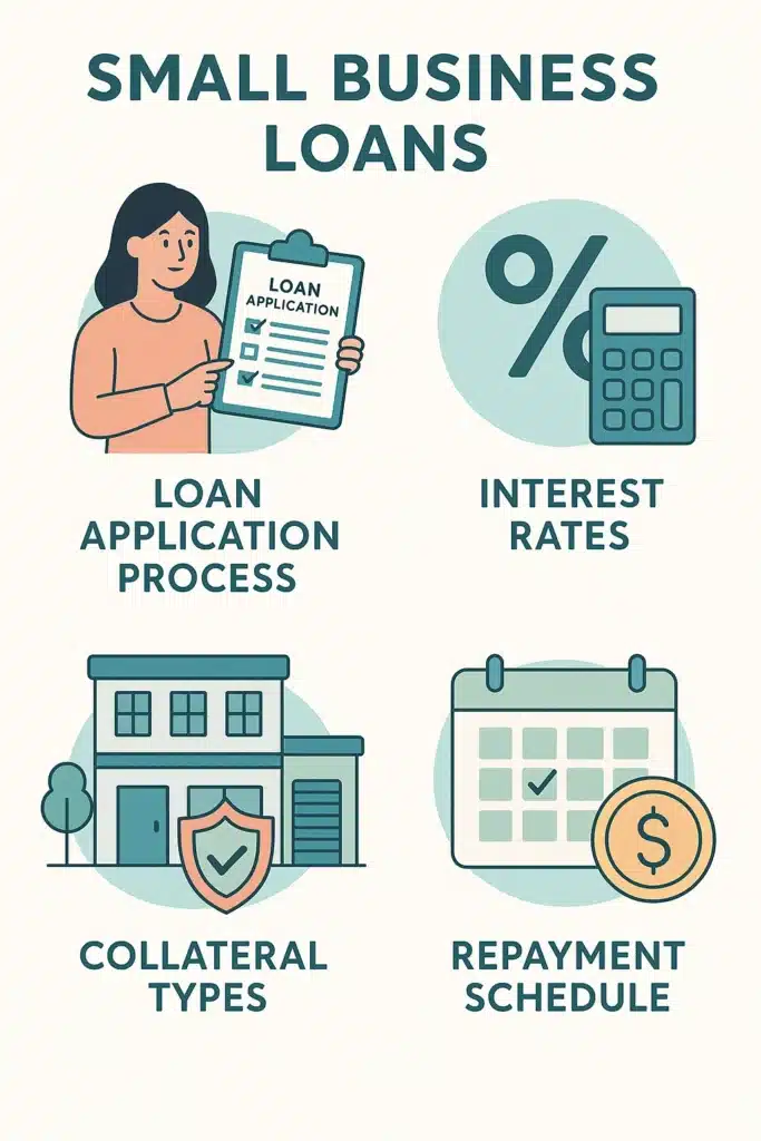 Infographic explaining are business loans good idea with sections on loan application process, interest rates, collateral types, and repayment schedules, featuring vector illustrations and a soothing color palette on a white background.