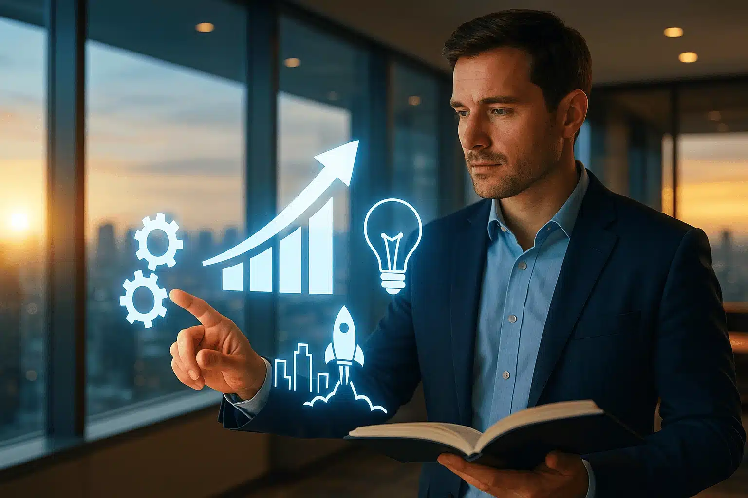 a business leader in a sunset-lit office activating holographic icons—gears, growth arrow, lightbulb, rocket—all radiating from an open book on how to accelerate business growth
