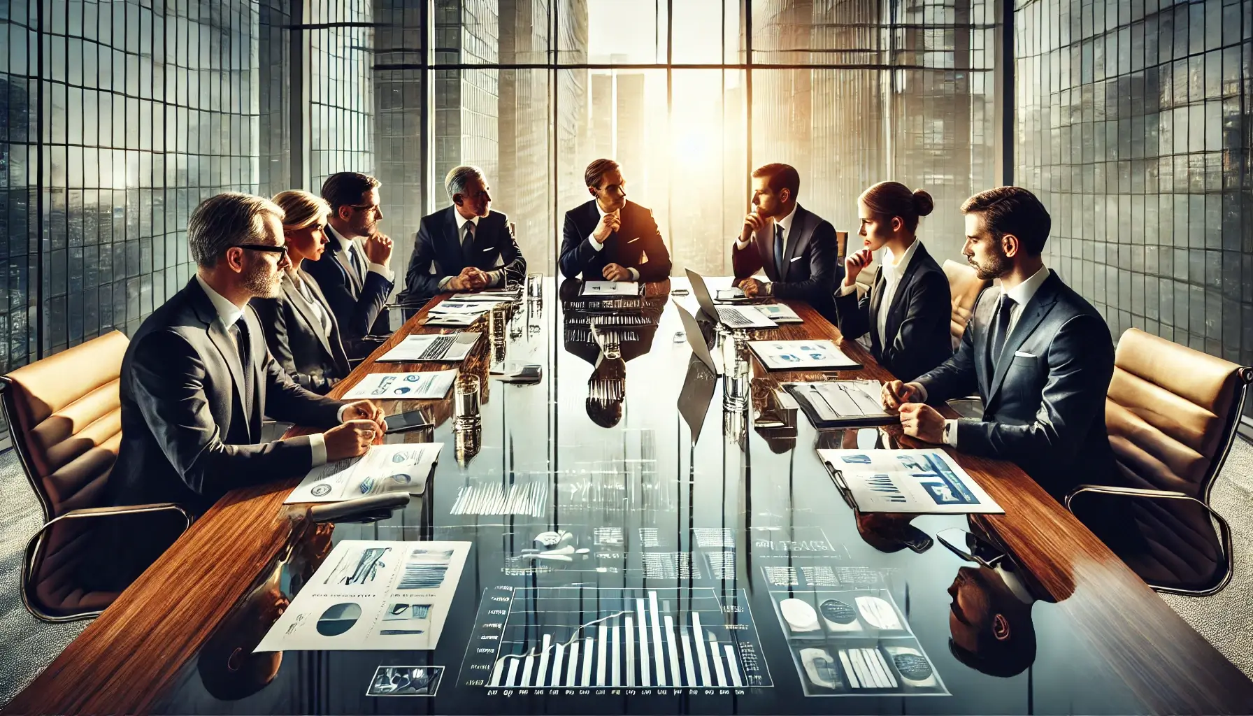 A corporate boardroom during a critical mergers and acquisitions (M&A) meeting. Executives in formal business attire are seated around a polished wood