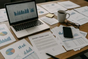 A cluttered modern workspace with financial documents, laptop showing spreadsheets, and coffee, symbolizing urgency and immediate business needs for short-term loans.