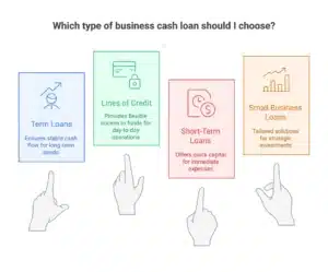 Four fingers pointing to 4 types of business cash loans. 