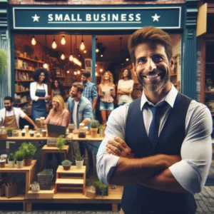 A Confident Business Owner in Front of Their Café: This image portrays a business owner standing proudly in front of their small, bustling café, symbolizing success and resilience despite financial obstacles.