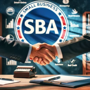 Handshake Between Business Owner and Loan Officer: A depiction of a handshake between a small business owner and a loan officer with the SBA logo in the background, representing a successful loan agreement and the support provided by the SBA Loan with Bad Credit to entrepreneurs.