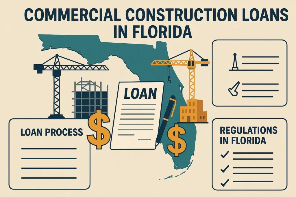 Infographic explaining commercial construction loans in Florida with map, construction sites, loan documents, currency symbols, and labeled sections on loan process and regulations.