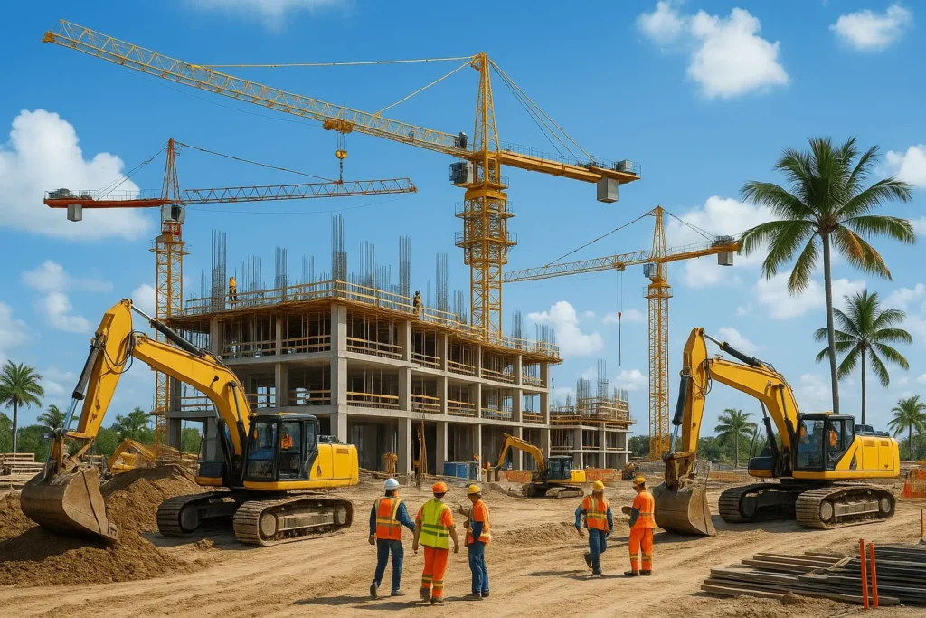 A bustling Florida construction site with cranes, excavators, and workers in safety gear building a modern commercial structure. The scene is highlighted by clear skies, palm trees, and the potential offered by commercial construction loans.