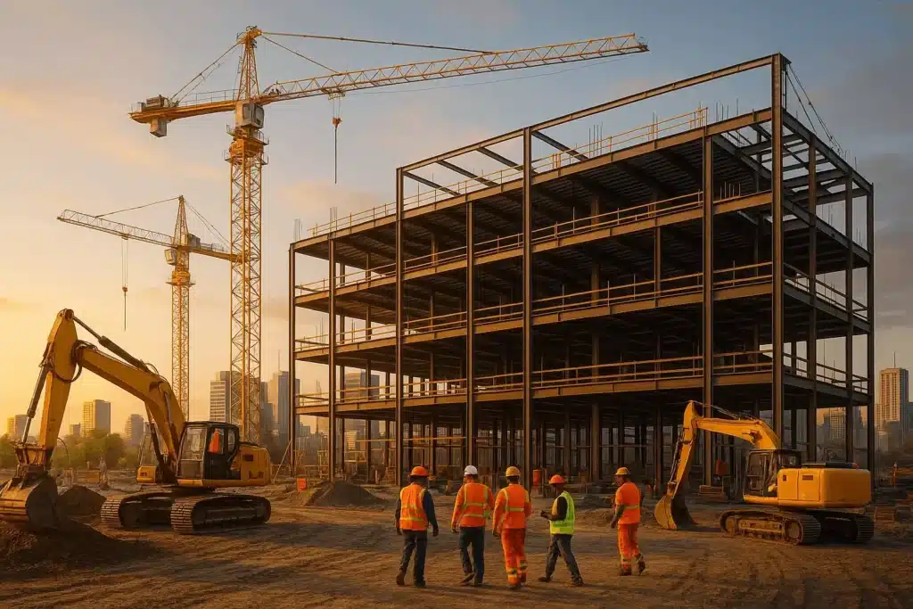 Visionary property development project funded by business loans, featuring a bustling urban construction site with steel girders and cranes against a cityscape. Construction workers in high-visibility gear highlight the real-world impact of leveraged financing under golden hour light.