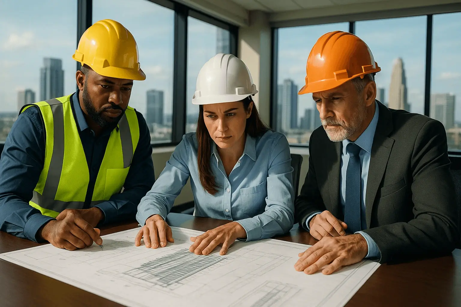 A diverse group of construction project managers reviewing blueprints in a modern conference room with a city skyline through large windows, showcasing determined expressions as they discuss a high-rise building project.
