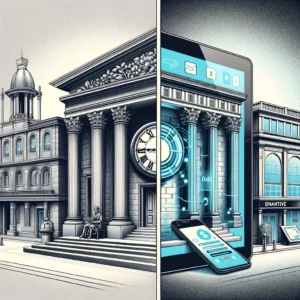 A digital illustration of a traditional bank building and a phone representing a digital or online lender.