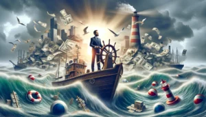 business owner at the helm of a ship, navigating through a metaphorical sea, representing the process of applying for unsecured business lines of credit. The sea is made of swirling banknotes and financial documents, with buoys and lighthouses symbolizing guidance and safe passage. 