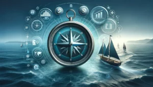 Small business owners navigating the complex world of financing options. A compass icon superimposed over a background of the vast ocean, symbolizing navigation. Alongside the compass, include a variety of financial symbols like currency signs, graphs, and documents, representing the different financing options available. Additionally, a ship's wheel represents control and direction in decision-making.