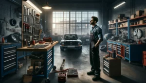 Business owner in mechanic clothing, in a garage, in the process of choosing the right tools for automotive work. The business owner is standing attentively beside a vehicle, with a selection of tools laid out on a workbench. The tools represent the financial tools at his disposal liker a line of credit or credit card. The question is Line of Credit vs. Credit Card: What's the Difference?