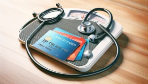 A scale with credit cards, stethoscope representing your credit health helping you determine which is better for your business. 