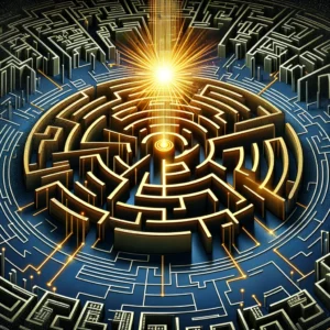 Navigating the Loan Process Maze: An illustration featuring a labyrinth or maze, with a golden thread leading through various challenges to loan approval. At the center, a radiant sunburst signifies the successful acquisition of the loan, representing financial success and the clarity gained through overcoming challenges.
