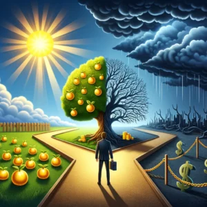 A business person standing on a road with a tree and oranges. This metaphor is about understanding the positives and negatives of each that can help the small business owner make informed decisions about which funding option is best for their specific financial needs.