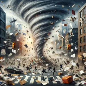 A tornado in the city representing the chaos, confusion and catastrophe when a company is disorganized.