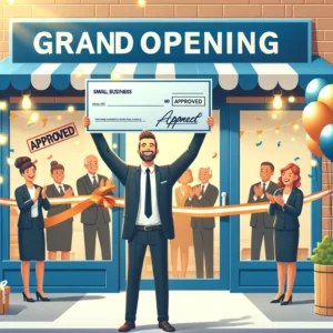 A person holding a check in front of a grand opening. Remember, the right financing can ensure your business's success.