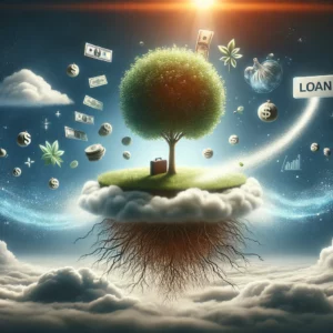 illustration depicting the journey of a business from inception to securing a large loan without initial investment. It visualizes a seed growing into a towering tree on a floating island, with roots reaching down into a cloud symbolizing a loan. The cloud is filled with symbols of currency and financial growth, representing the resources made available through the loan. The thriving tree stands as a testament to the business's growth and potential, fueled by strategic financial planning and support. The surrounding atmosphere, filled with light and energy, indicates a prosperous future ahead.