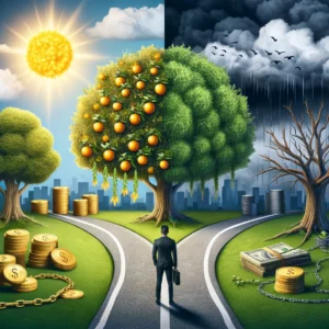 A business person standing on a road with trees and money representing when embarking on the quest for business funding. Owners are often faced with a pivotal decision: Exploring the Pros and Cons: Loans vs Line of Credit in Business Funding