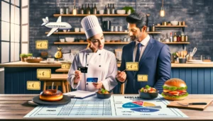 Business owners, a chef and an owner, in a small restaurant setting comparing rewards and cash back offers from different business credit cards to maximize their financial benefits. The restaurant owner should be holding credit cards, and the chef should be looking on, with a display of various reward icons around them such as a plane for travel points, a shopping bag for shopping points, and cash symbols for cash-back rewards. 