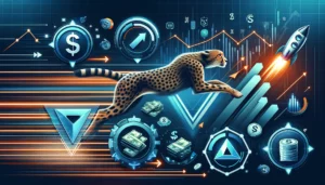 Image depicting the process of securing a cash advance as quick and efficient for boosting business cash flow. Cheetah in mid-sprint, embodying expedience, a simple 'play' triangle to represent straightforwardness, and a rocket ascending against a backdrop of currency to indicate a rapid boost in cash flow. 