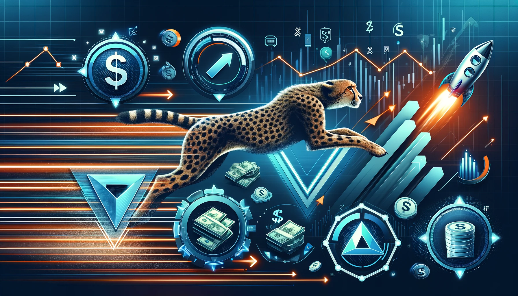 Image depicting the process of securing a cash advance as quick and efficient for boosting business cash flow. Cheetah in mid-sprint, embodying expedience, a simple 'play' triangle to represent straightforwardness, and a rocket ascending against a backdrop of currency to indicate a rapid boost in cash flow.