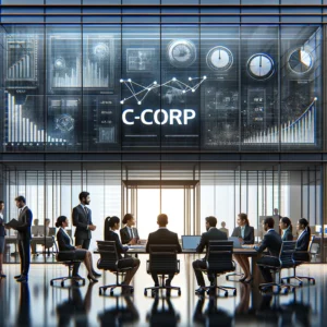 A group of people in a business meeting representing a company that is structured as a C-Corp (or a C Corporation).