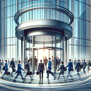 A group of people walking in front of a glass building through a revolving door representing a company's high turnover rate.
