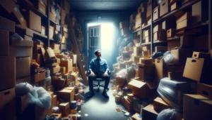 Business owner in a small, cramped space that's overflowing with inventory, conveying a mood of despair and gloom. The owner is seated among stacks of boxes and products, looking overwhelmed by the clutter. The room is dimly lit, with shadows casting over most of the area. However, there's a door ajar in the background, with a crack of bright light shining through, symbolizing a glimmer of hope and opportunity with a no credit check business loan.