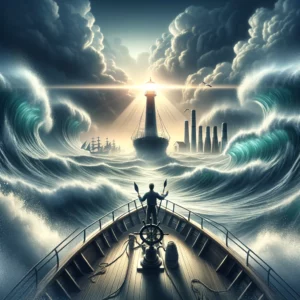 an image visualizing the concept of navigating the complexities of securing a large business loan with no upfront capital. It features a sailor steering a ship through turbulent waters towards a calm harbor. The ship represents the business journeying through financial challenges, while the sailor embodies strategic decision-making. A calm harbor with a glowing lighthouse in the distance symbolizes the successful acquisition of the loan and the stability it brings. The lighthouse beams, representing guidance and support from lending institutions, guide the way through the challenges to eventual triumph. This scene encapsulates the resilience and strategic navigation required to secure financial support under difficult conditions