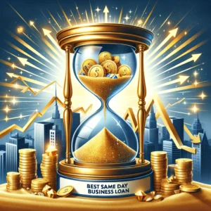 A sand clock with gold coins and a cityscape representing the best same day business small business loans.