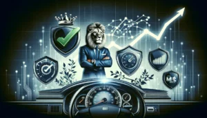 Short-term business loans as a vehicle for navigating financial challenges with confidence and promptness. A confident lion wearing a business suit, representing strength and leadership, and a classic automobile dashboard with a speedometer and a fuel gauge, symbolizing the journey and energy of business. 