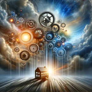 Gears and Mechanisms of Transformation: This image depicts a dynamic scene where interconnected gears and mechanisms lift a symbolic representation of a business from the ground to the sky. The transition from a stormy beginning to a clear blue sky reflects the journey from financial uncertainty to stability and success. The scene is imbued with a glow of optimism and potential for growth.