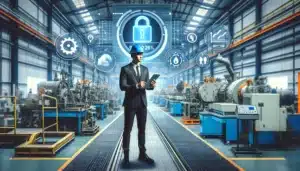 Business owner in a manufacturing plant who is on a journey towards effective money management. The owner is standing in the center of the factory floor, surrounded by machinery and equipment, holding financial documents or a tablet that displays a strong credit score. Surrounding the owner are financial icons such as a lock with a key symbolizing unlocked funding opportunities and graphs indicating a solid credit background. 