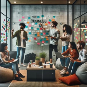 A group of people in a room with a glass wall with post-it notes. One of the first and most important steps in incorporating a business is choosing a name for your company. 