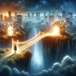 Here's an abstract image that captures the concept of securing a large business loan with no money down. It features a metaphorical bridge made of light, extending from a small, dimly lit platform—representing the current financial situation—across a vast chasm to a brightly illuminated larger platform symbolizing successful loan acquisition and future business growth. The bridge of light represents innovative strategies and financial solutions that enable businesses to bridge the gap between limited resources and significant financial needs, conveying a journey of transformation and the leap of faith required under challenging conditions.
