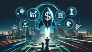 Image symbolizes how a business loan obtained over a short term can propel a business towards success. A rocket ship with a dollar sign on it taking off to represent the rapid acceleration of business growth, a chess piece knight symbolizing strategic moves, and a finish line flag to represent success. 