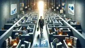 Business owner in a setting that resembles a labyrinth, symbolizing the complex journey of understanding credit and running a business. They appear to be navigating through a maze of shelves or corridors that represent the various challenges and decisions they face. Want to know how does credit work for beginners