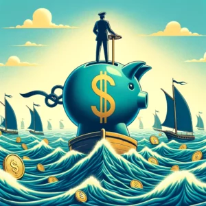 A business person standing on a piggy bank surrounded by waves of money understanding that there are benefits to creating a profit & loss statement. 