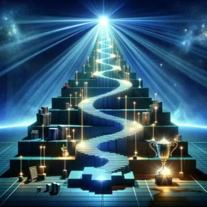 abstract depiction of achieving significant financial support without upfront capital. The image features a radiant beacon shining over a series of ascending platforms, each representing a critical milestone in the loan acquisition process. These platforms transition from shadowy beginnings to illuminated success, connected by beams of light that indicate the path of progression and guidance. The highest platform showcases a gleaming trophy or symbol of prosperity, signifying the ultimate achievement of securing the loan and the resultant business growth. The backdrop of stars suggests the limitless possibilities that await beyond financial hurdles, with no text to distract from the powerful imagery. This visualization captures the essence of navigating the journey to secure vital financial support, emphasizing progression, guidance, and the ultimate success in financial endeavors.