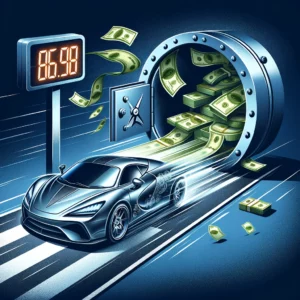 A car going very fast out of a safe full of money representing the speed of funding for quick business loans.