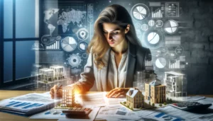 Female business owner immersed in the complexities of commercial property loans. She is in an office filled with property listings, architectural models, and financial documents spread across a large table or desk. The owner has a calculator in hand analyzing a document closely. Pie charts, calculators, and property images are visible around her, emphasizing the detailed work involved in understanding commercial loans. 