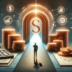 A person standing in front of a door with coins and a dollar sign capturing the concept of qualifying for a business loan 