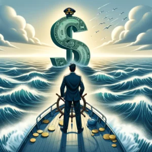 A business person standing on a boat in the ocean, embarking on his journey to financial mastery ensuring that his business survives and thrives in the competitive market seas.