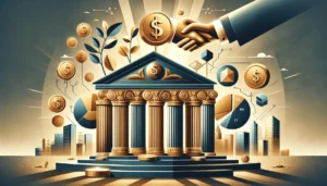 Importance of a solid foundation for successful cash advance repayment and sustained financial well-being of a business. Sturdy pillar made of currency, signifying strength and support, a handshake integrated with a pie chart, representing agreement and financial planning, and a tree with roots shaped like coins to symbolize deep financial stability. 