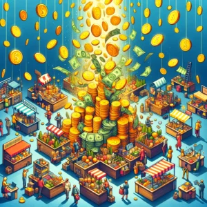 A cartoon of a market with many coins falling from it depicting the concept of various merchant cash advance options.